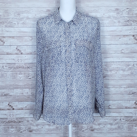 Mango Button Up Blouse Beige Blue L Sheer 234 - Picture 1 of 5